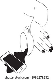 Black and white illustration of a female hand overturning a cup with a drink on a smartphone 