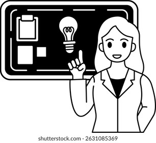 black and white illustration of a female teacher pointing at a black board