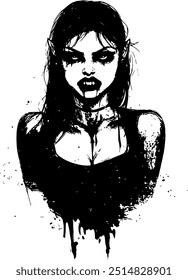 Ilustração em preto e branco de uma vampira