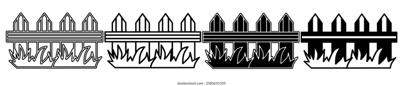 Black and white illustration of a fence. Fence icon collection with line. Stock vector illustration.