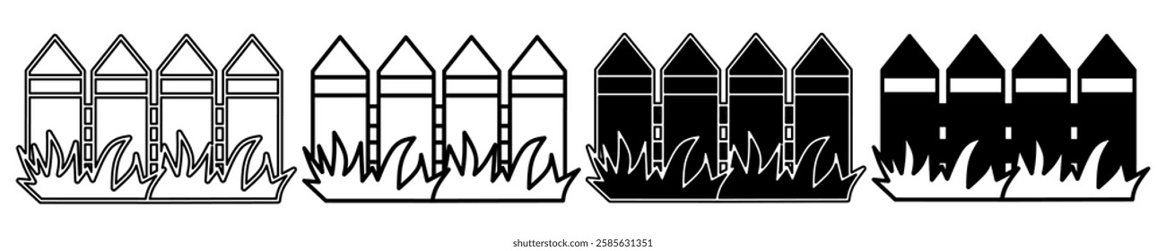 Black and white illustration of a fence. Fence icon collection with line. Stock vector illustration.