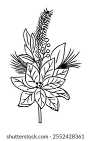 Black and white illustration of festive Christmas arrangement with poinsettia leaves. Perfect for holiday designs, Christmas cards, and seasonal coloring pages. Vector hand drawn composition