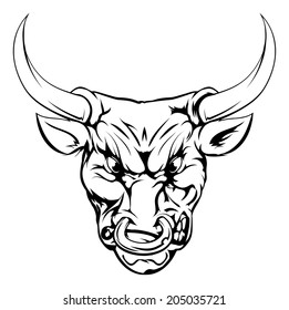 A black and white illustration of a fierce bull animal character or sports mascot