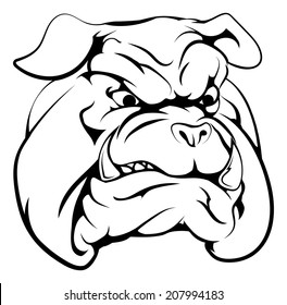 A black and white illustration of a fierce bulldog animal character or sports mascot