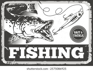 A black and white illustration of a fierce fish with its mouth open like a pike next to a fishing lure. This sign evokes the spirit of classic fishing adventures and tackle shops.