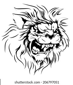 A black and white illustration of a fierce lion animal character or sports mascot