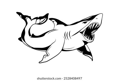 Ilustración en blanco y negro de un tiburón feroz con la boca abierta llena de dientes afilados. Arte de la calle, tatuaje flash brutalismo, ilustración en blanco y negro, gráfico de Vector aislado