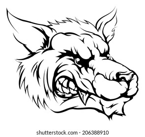 A black and white illustration of a fierce wolf animal character or sports mascot
