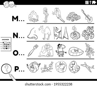 Black and white illustration of finding pictures starting with referred letter educational game for preschool or elementary school children with cartoon characters coloring book page