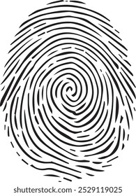 black and white illustration of a fingerprint with a spiral pattern reminiscent of swirling motion and the complexities of individual identity.