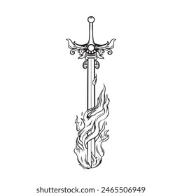 black and white illustration fire sword engraving ornament vector art