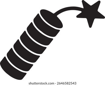 Ilustração em preto e branco de um foguete. Tem um corpo cilíndrico com um fusível iluminado em forma de estrela.