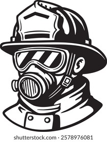 A black and white illustration of a firefighter wearing a helmet and breathing apparatus. Great for emergency services, safety campaigns, and rescue-related projects.