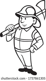 Black and White illustration of a fireman or firefighter emergency worker holding a fire ax done in cartoon style standing on isolated white background.