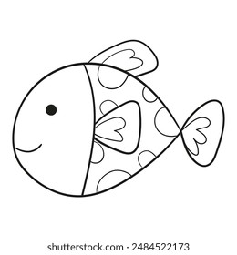 Black and white illustration of a fish with a body with cirlcles and three fins, clipart, coloring page