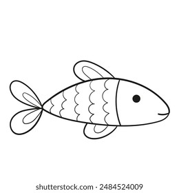 Black and white illustration of a fish with an elongated body with scales and three fins, clipart, coloring page