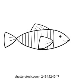 Black and white illustration of a fish with an elongated, striped body and three fins, clipart, coloring page
