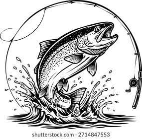 A black and white illustration of a fish jumping out of the water, caught on a fishing line with a fishing rod visible in the background.