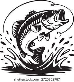 Una ilustración en blanco y negro de un pez saltando del agua mientras está en un anzuelo rodeado de salpicaduras dentro de un marco circular.