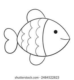 Black and white illustration of a fish with scales and three rounded fins, clipart, coloring page