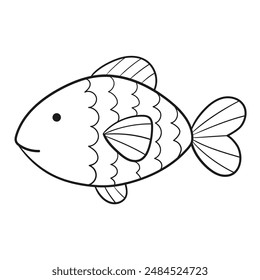  Black and white illustration of a fish with scales and three rounded fins with stripes, clipart, coloring page