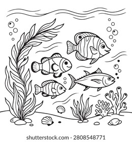 Black and white illustration of fish swimming in ocean with seaweed and corals