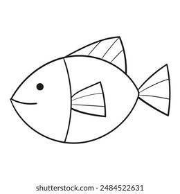  Black and white illustration of a fish without scales and three fins, clipart, coloring page