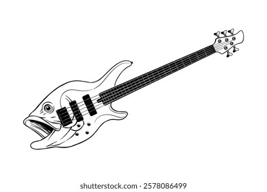 black and white illustration of a fish-shaped guitar