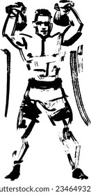 black and white illustration of a fit male with a kettlebell 