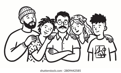 Black and white illustration of five diverse friends standing close together in relaxed supportive pose showing unity and warmth