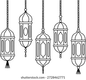 Black and white illustration of five hanging lanterns with intricate designs