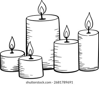 Ilustração em preto e branco de cinco velas acesas de tamanhos variados.