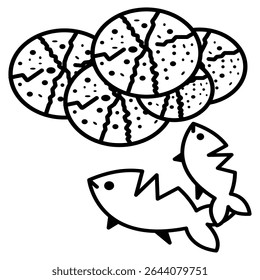 Black and white illustration of five loaves of bread and two fish, representing a biblical miracle symbol of sharing, abundance, and Christian religious tradition.