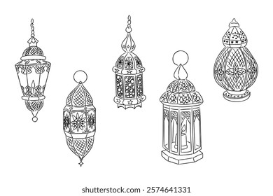 Black and white illustration of five ornate Islamic lanterns with intricate patterns. Vector hand drawn set isolated on white background