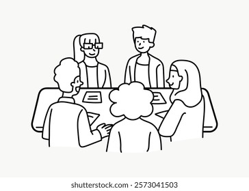 Black and white illustration of five people sitting around a table, engaged in a meeting or discussion. Simple line art of a group in a collaborative setting. Doodle vector illustration isolated.