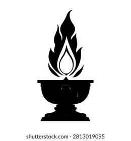 Black and white illustration of a flame burning in an ornate chalice, symbolizing tradition, spirituality, and ritualistic practices.