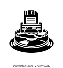 A black and white illustration of a floppy disk placed on top of vinyl records, symbolizing retro data storage and music.