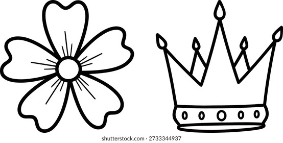 Ilustração em preto e branco de uma flor com cinco pétalas e uma coroa com cinco pontos