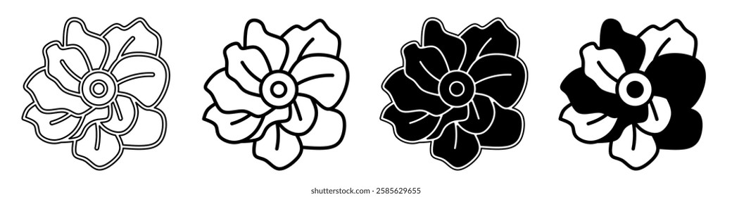 Black and white illustration of a flower. Flower icon collection with line. Stock vector illustration.