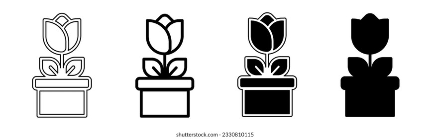 Black and white illustration of a flower in potted. Flower in potted icon collection with line. Stock vector illustration.