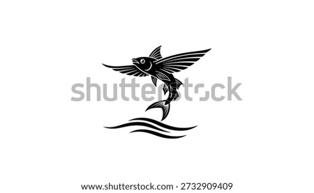 A black and white illustration of a flying fish in a vintage, woodcut style. The fish is shown leaping out of the water, with its large pectoral fins spread like wings.