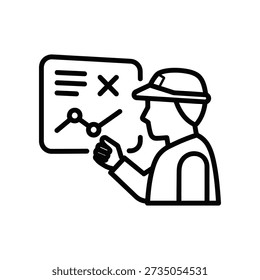 Black and white illustration of a focused construction worker calculating equations on a chalkboard using wrench and pliers, symbolizing problem-solving in trades.