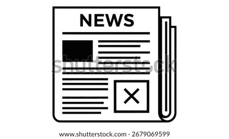 A black and white illustration of a folded newspaper with the word NEWS prominently displayed on the front page, alongside a prominent X mark.
