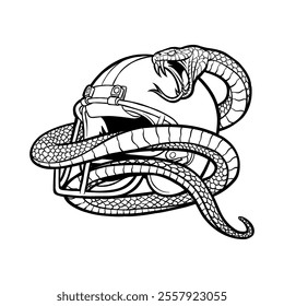 black and white illustration of a football helmet wrapped around a snake