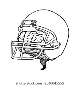 black and white illustration of a football helmet with a brain