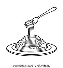 Una ilustración en blanco y negro de un tenedor levantando un remolino de espaguetis de un plato. Arte lineal simple.