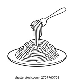 A black and white illustration of a fork lifting a swirl of spaghetti from a pile on a plate.