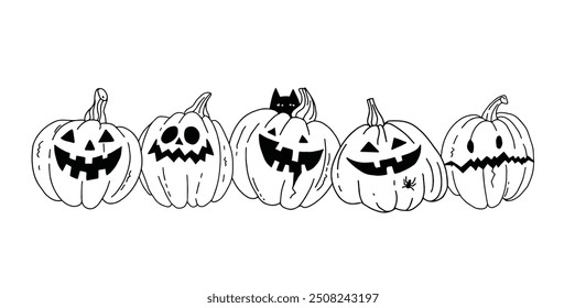 Black and white illustration in the form of a border with funny pumpkins for Halloween.