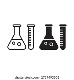 Black and white illustration of four different laboratory beakers and test tubes