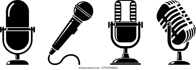 A black and white illustration of four distinct microphone types, showcasing various designs and shapes.